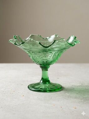 Vintage Green Floral Depression Glass Footed Candy Dish / Compote